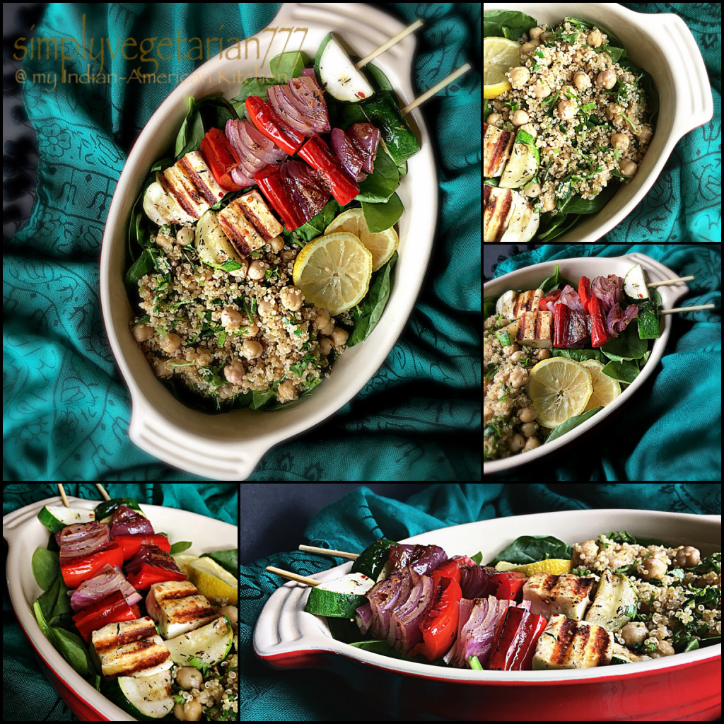 Veg Kebabs with Quinoa Spinach & Chickpea Salad