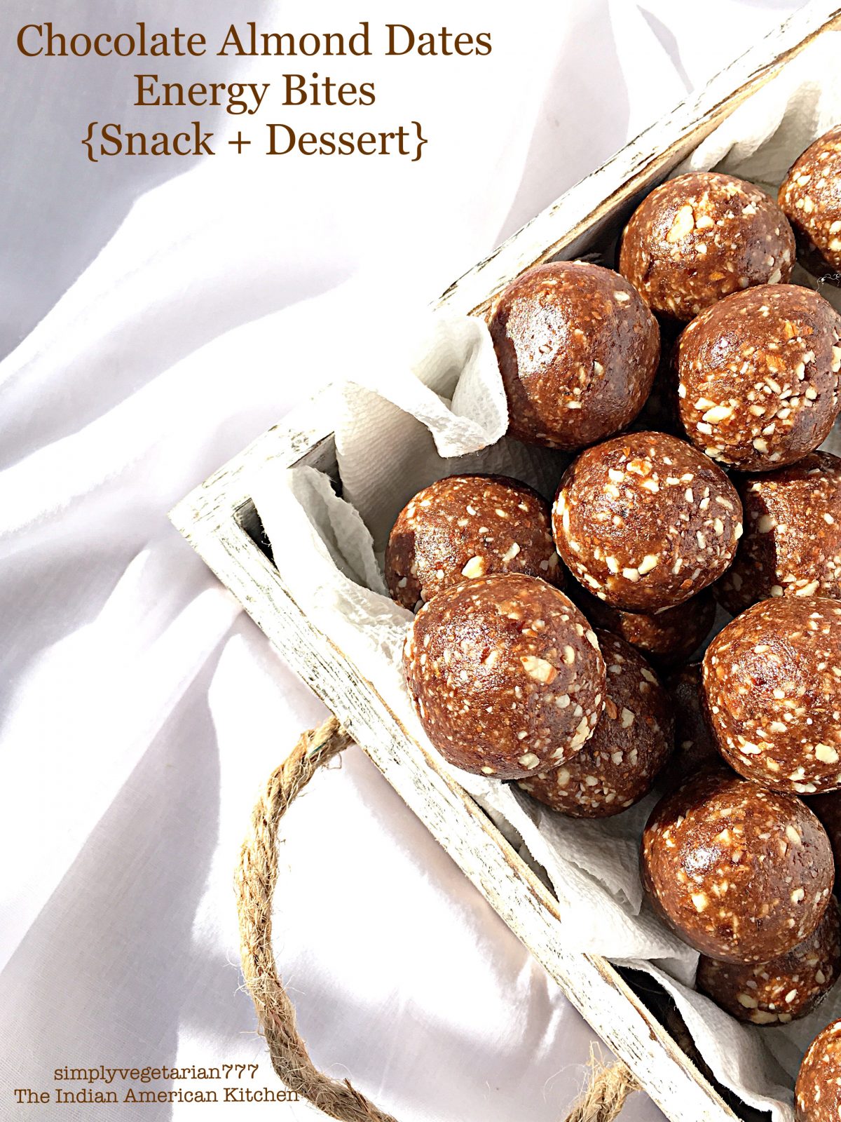 Chocolate Almond Dates Energy Bites are NO BAKE and EASY + QUICK to put together, in literally UNDER 5 MINUTES. Delicious Fudge like Balls make for perfect One Bite Snack on the go and are even great as a Guilt-Free Dessert. The best part is that these are Vegan + Gluten-free too. #vegansnack #glutenfreesnack #energybites #energyballs #nobakedessert #easydessert #chocolateenergybites #almondbites #datesenergybites #quicksnack