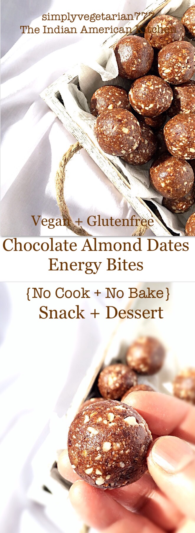 Chocolate Almond Dates Energy Bites are NO BAKE and EASY + QUICK to put together, in literally UNDER 5 MINUTES. Delicious Fudge like Balls make for perfect One Bite Snack on the go and are even great as a Guilt-Free Dessert. The best part is that these are Vegan + Gluten-free too. #vegansnack #glutenfreesnack #energybites #energyballs #nobakedessert #easydessert #chocolateenergybites #almondbites #datesenergybites #quicksnack