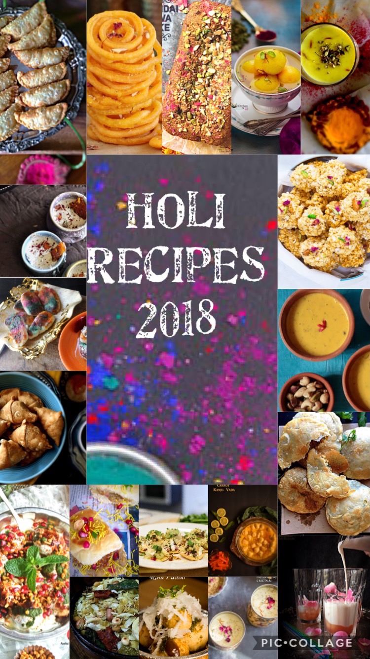 Holi Recipes 2018 is a collection of Sweet, Savory and Drinks Recipes to celebrate the festival of colors, HOLI. #Holirecipes #indianfestivalrecipes #thandai #gujiya #jalebi #chaat #namkeen #lassi, #kaanji 