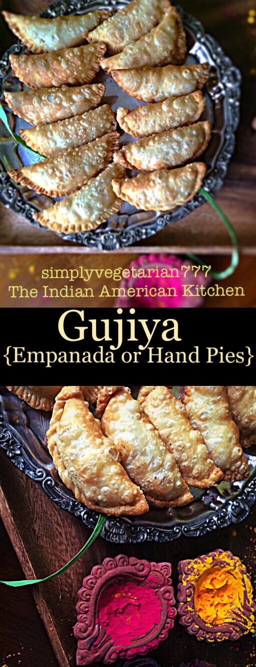 Gujiya is also known as Karanji and is a popular Festival Dessert from India. It is made for Holi and Diwali. It is like empanada or hand pies. The filling has milk solids and nuts. #gujiya #gujia #karanji #handpies #empanadas #holidessert #diwalidessert #indiandessert #holirecipes