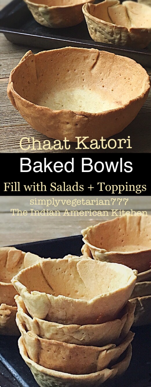 Baked Chaat Katori is a detailed tutorial on how to bake a small bowl or katori for the street food or chaat from India. These small cups are then filled with different savory and spicy filling and toppings. #streetfood #indianfood #chaat #healthyrecipes #bakedkatori #chaatkatori #katorichaat #veganbowls #ediblebowls #saladbowls