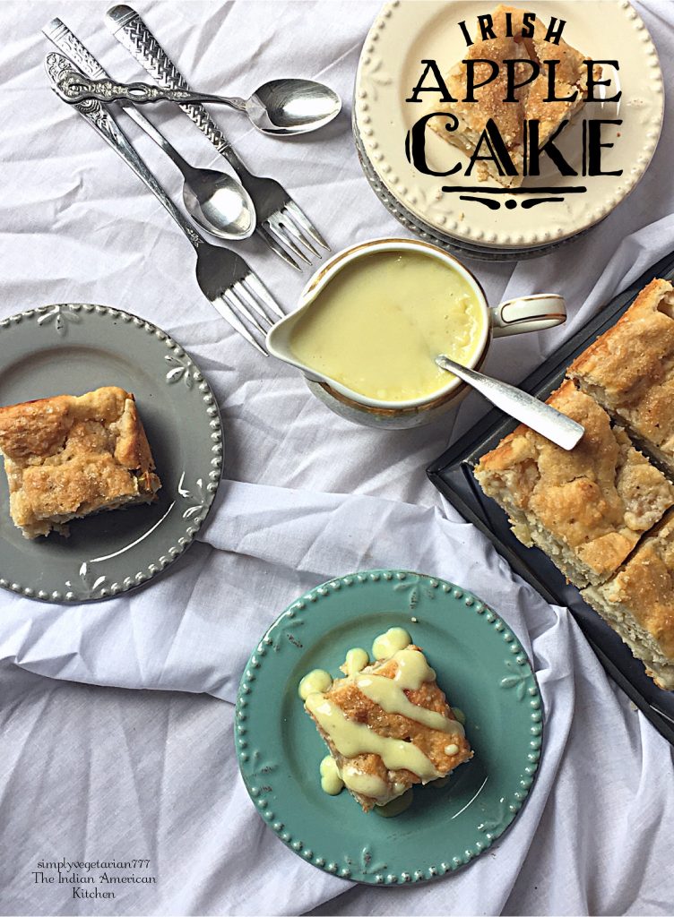 Irish Apple Cake is a type of Apple Bread from Ireland, with Crusty Top and Moist inside. This cake tastes amazing with Custard Sauce or Whipped Cream or Vanilla Ice-Cream. It is a perfect way to celebrate St. Patrick's Day, celebration from Ireland. #applecake #cakrecipe #egglesscake #eggfreecake #eggfreebakes #applebread #irishcake #irishapplecake #irishapplebread #stpatricksdayrecipes #stpatricksdaycakes
