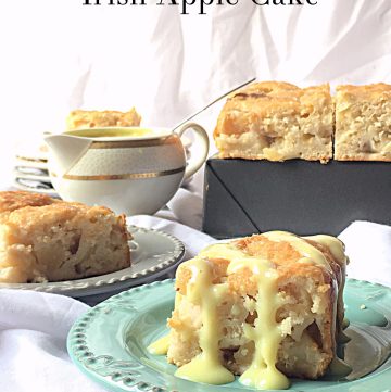 Irish Apple Cake is a type of Apple Bread from Ireland, with Crusty Top and Moist inside. This cake tastes amazing with Custard Sauce or Whipped Cream or Vanilla Ice-Cream. It is a perfect way to celebrate St. Patrick's Day, celebration from Ireland. #applecake #cakrecipe #egglesscake #eggfreecake #eggfreebakes #applebread #irishcake #irishapplecake #irishapplebread #stpatricksdayrecipes #stpatricksdaycakes