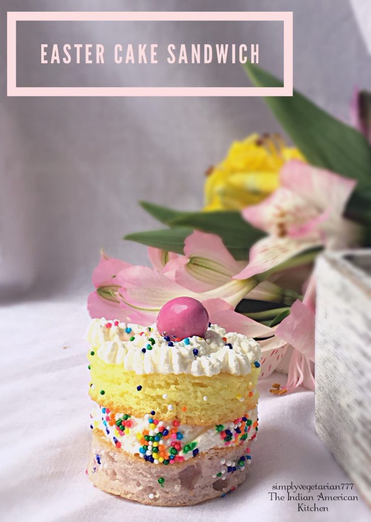 Easter Cake Sandwiches are little colorful cakes that have whipped cream spread in the middle. These are made using ready to bake Cake Mix. The cake sandwiches are so easy that you can bake these at the last minute for your Easter Party and decorate as desired. #eastercakes #easterdessert #readytobakecake #easycake #bitesizedessert #easterbrunch #easterparty #easycakedecoration #colorfulcake #unicorncake #kidscanbake