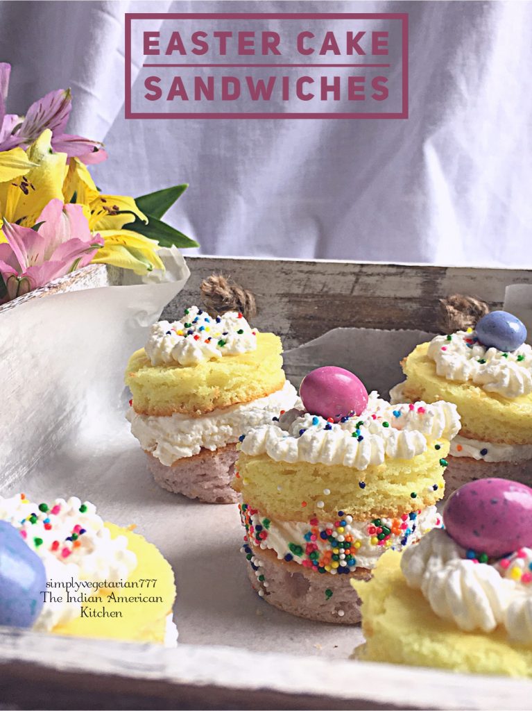 Easter Cake Sandwiches are little colorful cakes that have whipped cream spread in the middle. These are made using ready to bake Cake Mix. The cake sandwiches are so easy that you can bake these at the last minute for your Easter Party and decorate as desired. #eastercakes #easterdessert #readytobakecake #easycake #bitesizedessert #easterbrunch #easterparty #easycakedecoration #colorfulcake #unicorncake #kidscanbake