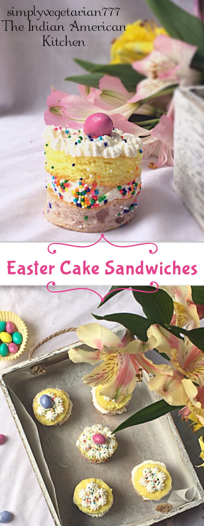 Easter Cake Sandwiches are little colorful cakes that have whipped cream spread in the middle. These are made using ready to bake Cake Mix. The cake sandwiches are so easy that you can bake these at the last minute for your Easter Party and decorate as desired. #eastercakes #easterdessert #readytobakecake #easycake #bitesizedessert #easterbrunch #easterparty #easycakedecoration #colorfulcake #unicorncake #kidscanbake