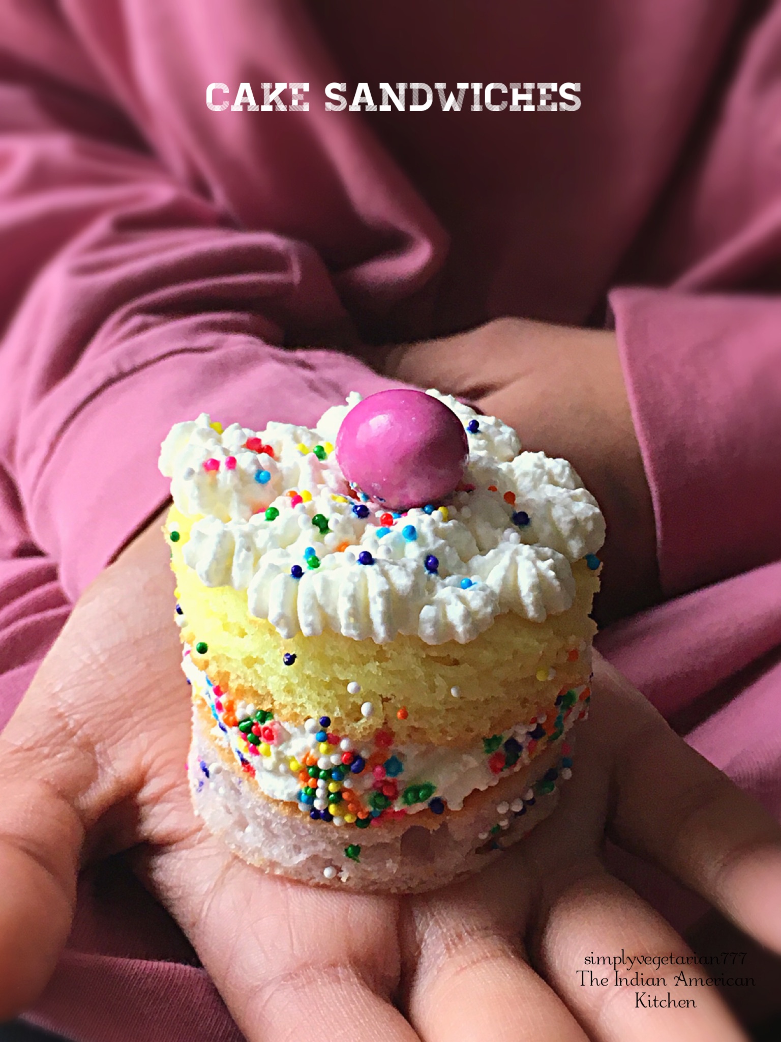 Easter Cake Sandwiches are little colorful cakes that have whipped cream spread in the middle. These are made using ready to bake Cake Mix. The cake sandwiches are so easy that you can bake these at the last minute for your Easter Party and decorate as desired. #eastercakes #easterdessert #readytobakecake #easycake #bitesizedessert #easterbrunch #easterparty #easycakedecoration #colorfulcake #unicorncake #kidscanbake