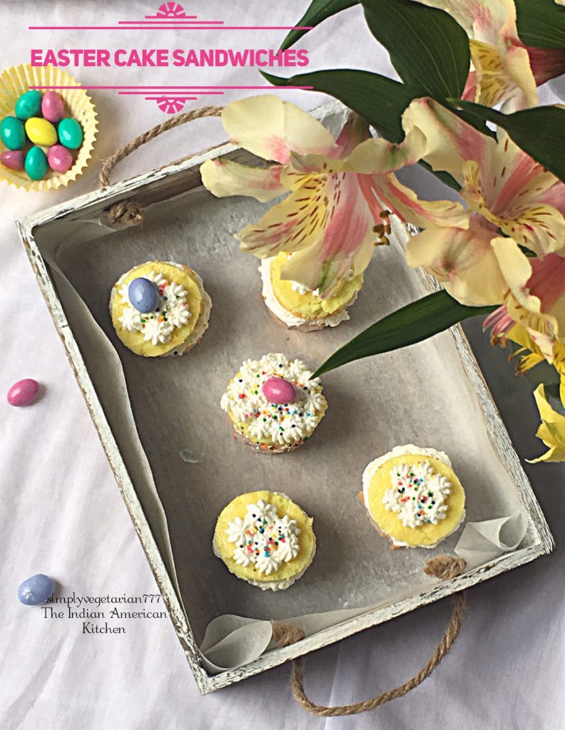 Easter Cake Sandwiches are little colorful cakes that have whipped cream spread in the middle. These are made using ready to bake Cake Mix. The cake sandwiches are so easy that you can bake these at the last minute for your Easter Party and decorate as desired. #eastercakes #easterdessert #readytobakecake #easycake #bitesizedessert #easterbrunch #easterparty #easycakedecoration #colorfulcake #unicorncake #kidscanbake