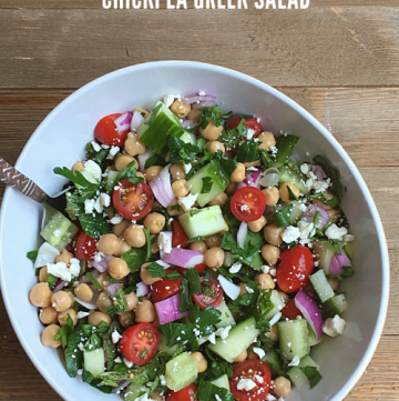 This Chickpeas Greek Salad is a super delicious recipe. It can be eaten as is as a salad or can be stuffed inside a pita or rolled in a wrap to make a mini meal. The salad is so easy to put together. Also, learn how to make Greek Salad Dressing at home with ease. #salad #greeksalad #vegetariansalad #easysalad #chickpeas #lightmeals #saladdressing #greek