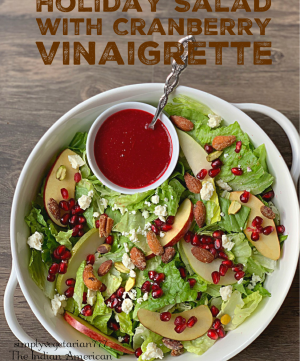This Holiday Salad is a perfect Salad to make for your Holiday Entertaining. It is colorful, well textured and super delicious. Homemade Cranberry Vinaigrette is cooked partially in Instant Pot and is finger-licking good. #holidaysalad #cranberryrecipes #vinaigretterecipe #holidayrecipes #easyholidayside #instantpotholidayrecipe