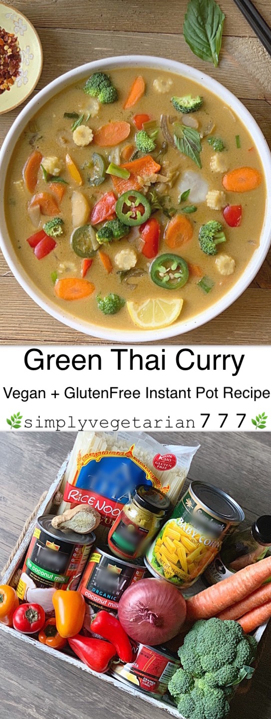 Instant Pot Green Thai Curry is a simple and delicious curry from Thai Cuisine. This recipe is very easy to make, kind of put all of it together and cook. The best part is that it is Oil-Free + vegan + Glutenfree. It goes very well with Jasmine Rice or Rice Noodles. #veganthaicurry #instantpotthairecipe #greenthaicurry #vegetablethaicurry #easythaicurry