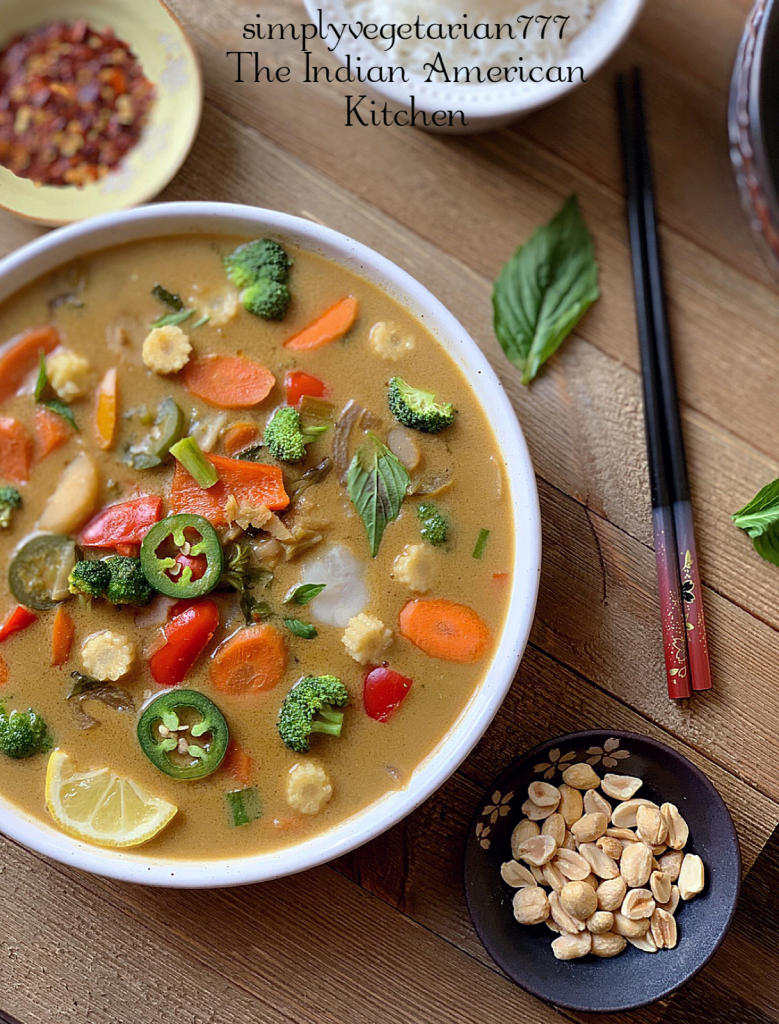 Instant Pot Green Thai Curry is a simple and delicious curry from Thai Cuisine. This recipe is very easy to make, kind of put all of it together and cook. The best part is that it is Oil-Free + vegan + Glutenfree. It goes very well with Jasmine Rice or Rice Noodles. #veganthaicurry #instantpotthairecipe #greenthaicurry #vegetablethaicurry #easythaicurry