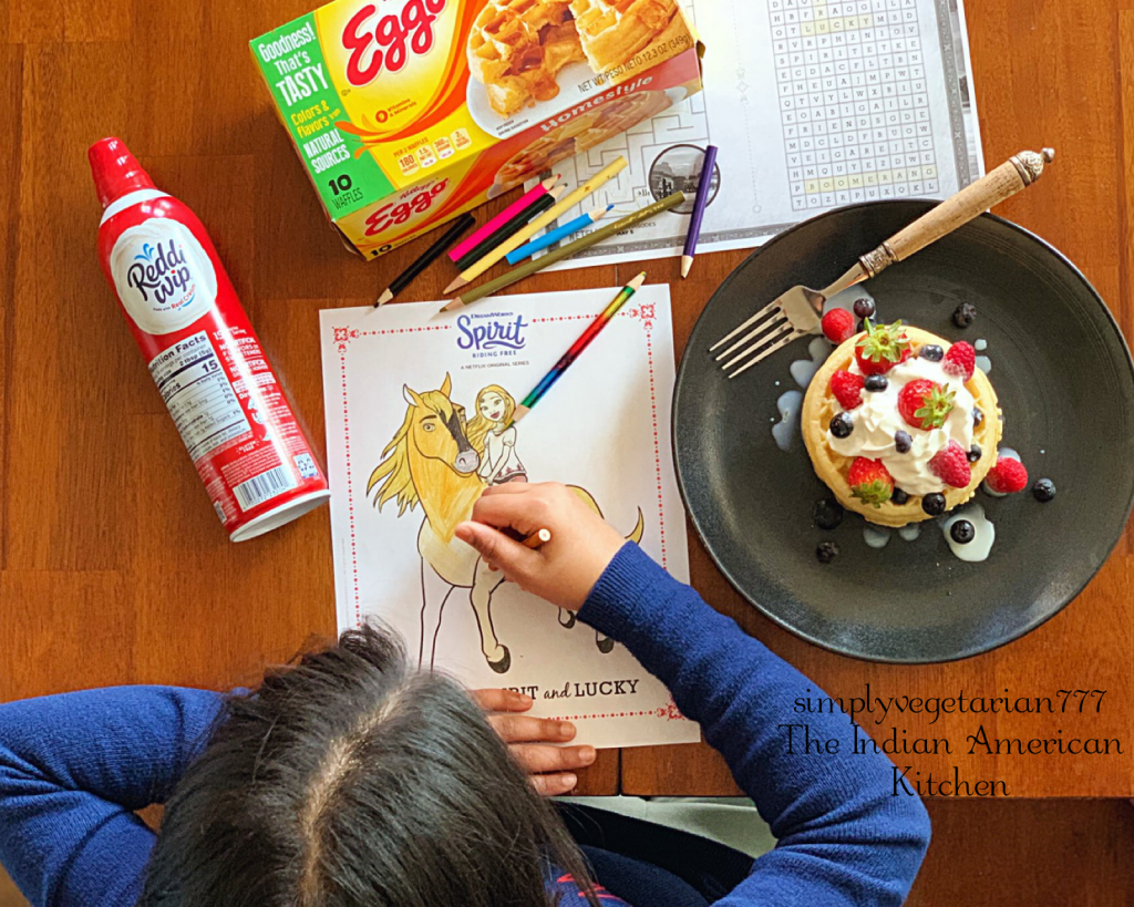 Tres Leches Waffles are super yum. These are made with Eggo Waffles, Reddi-Wip bought from Walmart. And are best enjoyed while watchig SPIRIT RIDING FREE on Netflix. #AddSpirit2Breakfast #Pmedia #ad #waffles #tresleches #whippedcream #breakfastideas