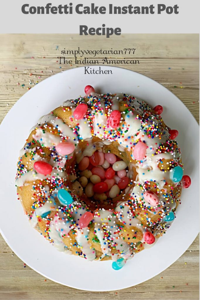 Instant Pot Confetti Cake is super moist & really delicious. It is perfect to make this cake for Easter Brunch or any occasion. It does not taste like pudding at all. #confetticake #funfetticake #eastercake #instantpotcake #easycakerecipe