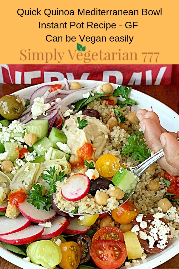 Easy and Healthy Instant Pot Greek Quinoa Salad is a yummy & quick Salad Recipe. This Instant Pot Quinoa Salad is great for your light lunches or busy weeknight meals. You also get the Recipe for Spicy Roasted Pepper Sauce also. #instantpothealthyrecipes #quinoasaladrecipe #mediterraneanquinoasalad #roastedpeppersauce #veganinstantpotrecipe